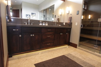 Thumb vanity  contemporary style  western maple  dark color  recessed panel  bank of drawers  double sinks  full overlay