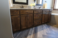 Thumb vanity  traditional style  knotty alder  dark color  recessed panel  double sinks  standard overlay