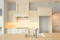 Thumb kitchen  shaker style  painted  wainscot and recessed panel doors  wood hood  staggered heights    13 crown  full overlay