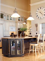 Thumb kitchen  traditional style  painted  accent color  black  island with sand through  half arch glass doors  posts  standard overlay