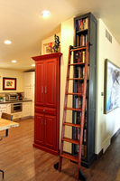 Thumb kitchen  traditional style  painted  raised panel  red  sand through  raised panel  bookcase  dark stain  standard overlay